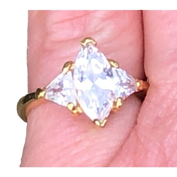 Lind 14k Yellow Gold Heavy Electroplate Ring with Clear Marquise and Triangular - Picture 1 of 5
